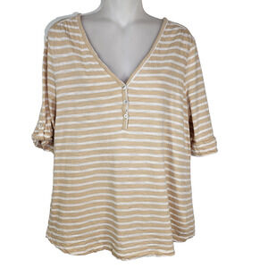 Chico's Tee Womens Size 2 Large Microstripe Henley Cotton Slub Knit Short Sleeve